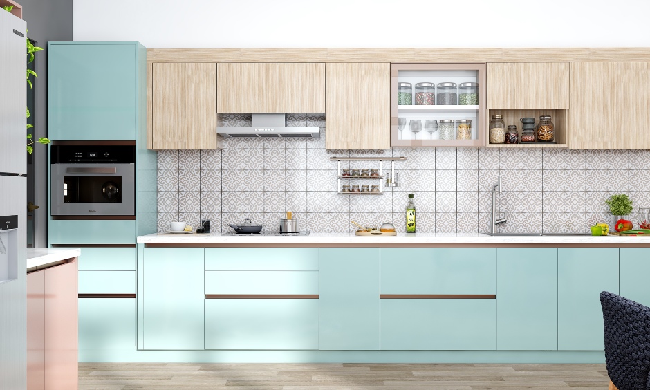 blue modular kitchen cabinet with tiled backsplash